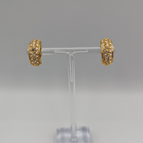 Vintage Swarovski Crystal Pave Clip on Earrings Half Hoop Signed - Picture 4 of 9